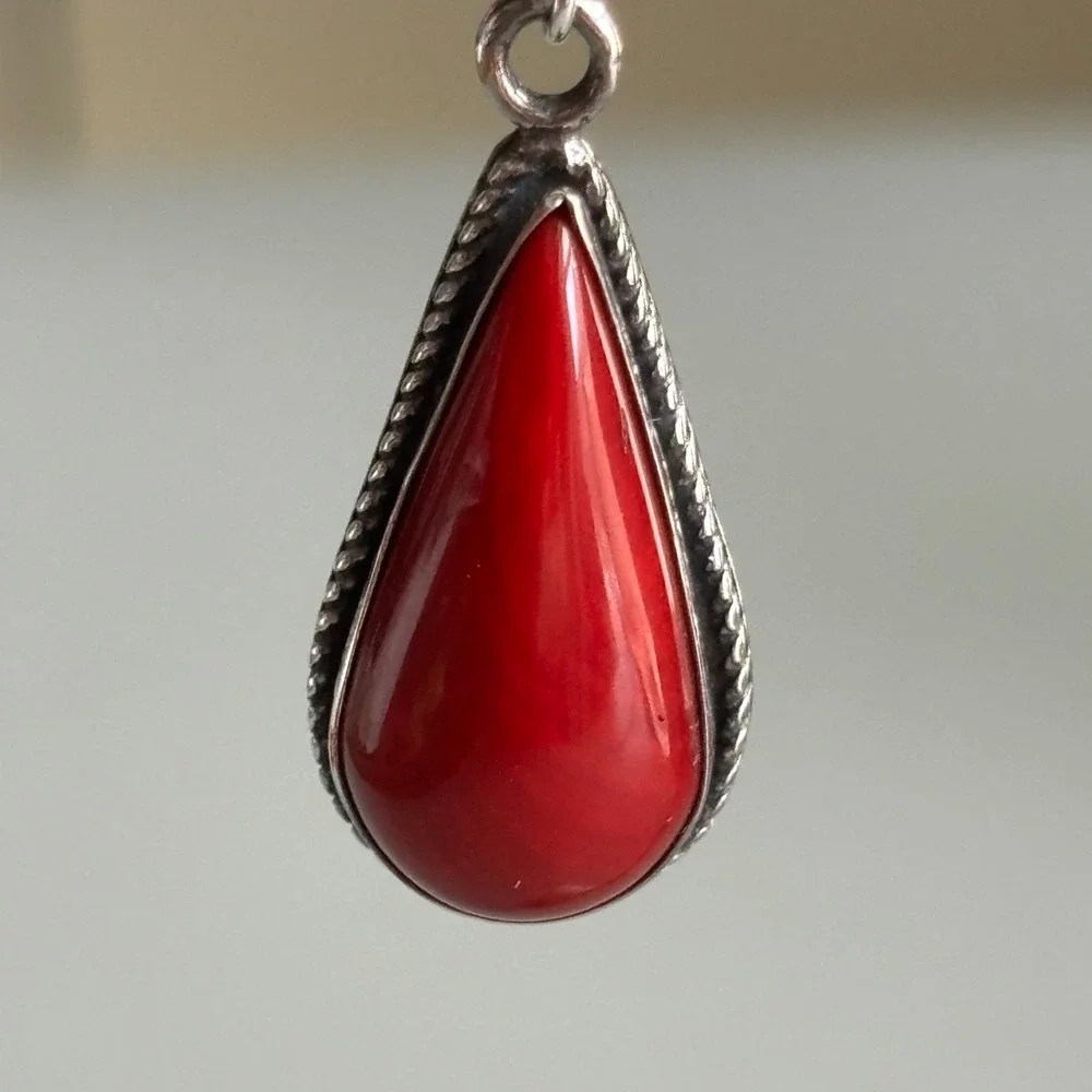 925 Sterling Silver Red Stone Teardrop Drop Earrings Southwest Twisted Rope 1.5